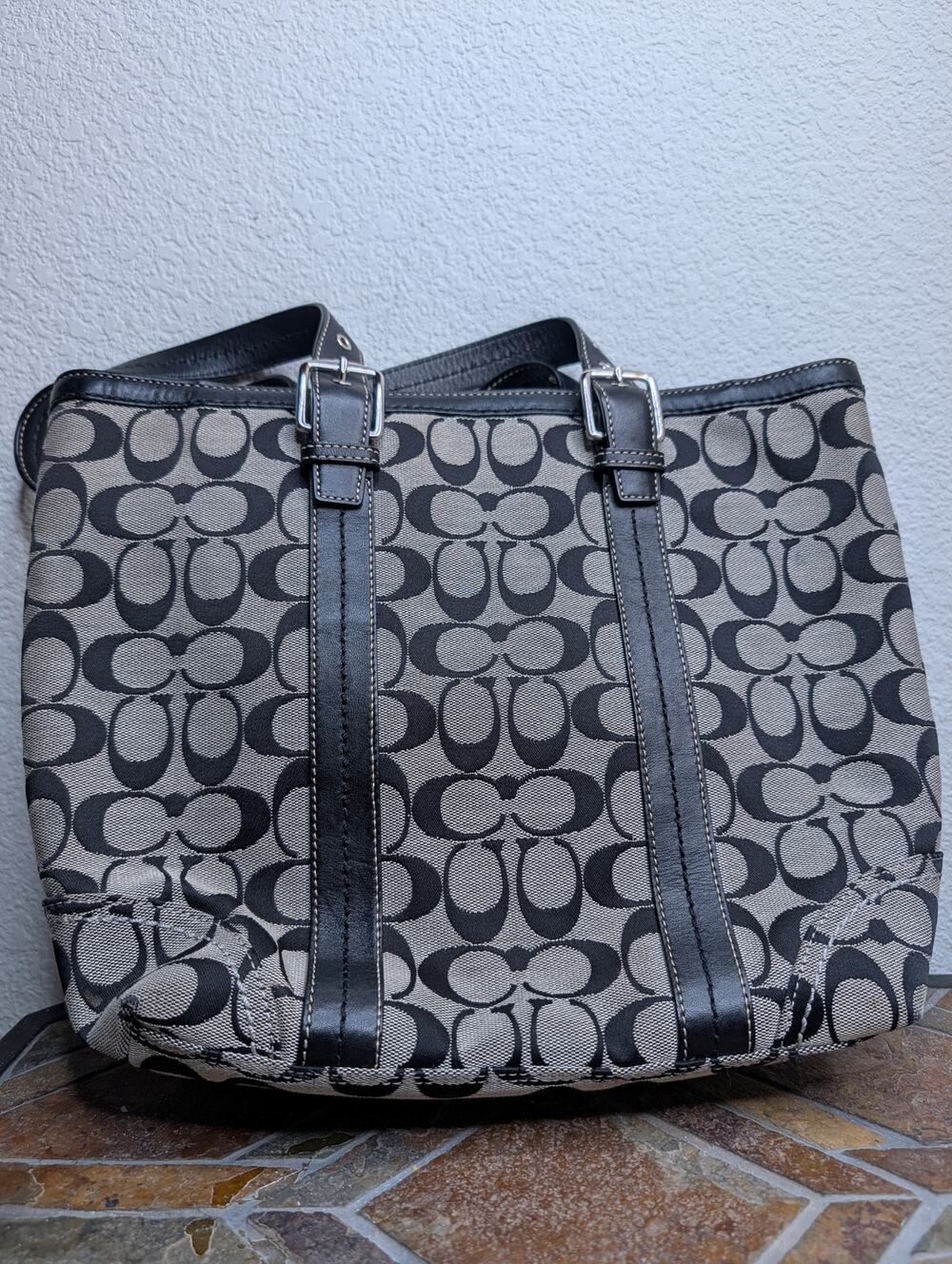 Coach Hamptons Signature F12645 Jacquard Tote Bag Black/Gray Preppy Shoulder